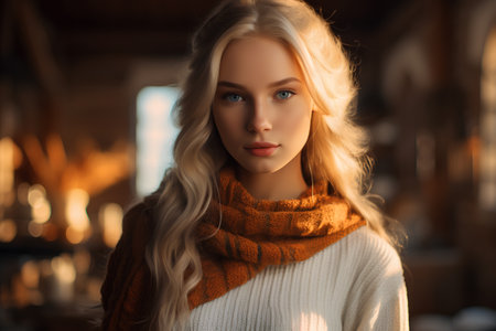 Portrait of a beautiful young woman with long blond hair in a warm sweater and scarf.の素材