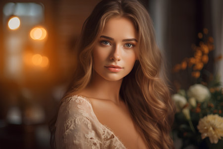 Portrait of beautiful young woman with long curly hair. Beauty, fashion.の素材