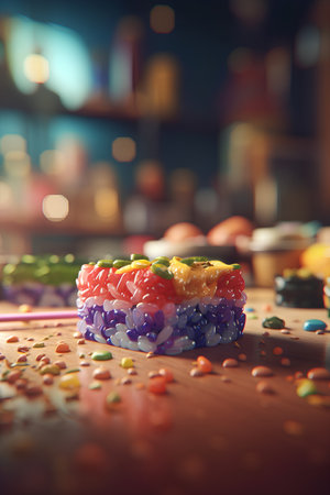 Colorful oriental sweets on wooden table. Toned image.の素材