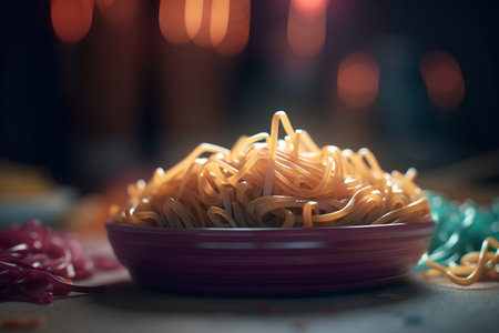 Uncooked pasta in a bowl on a dark background. Selective focus.の素材