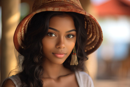 Portrait of a beautiful young african american woman in hatの素材