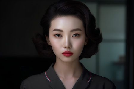Beautiful asian woman in black suit with red lips on dark backgroundの素材