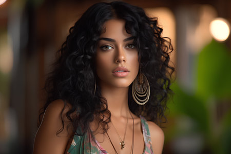 Portrait of a beautiful young woman with long curly hair. Fashion shot.の素材