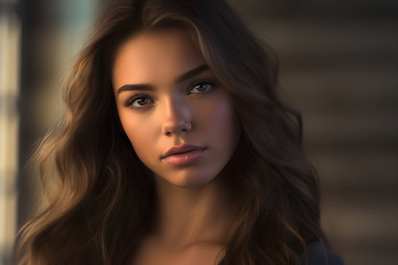 Portrait of a beautiful young woman with long curly hair and brown eyes.の素材