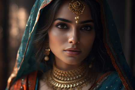 Portrait of a beautiful indian woman with oriental jewelry.の素材