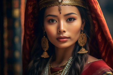 Portrait of a beautiful asian woman in traditional indian clothingの素材