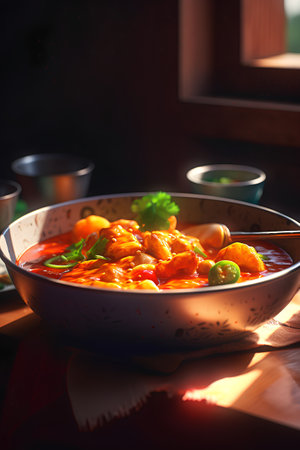 Traditional indian spicy chicken curry in a bowl on the table.の素材