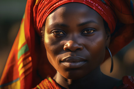 Portrait of a beautiful African woman with red headscarf.の素材
