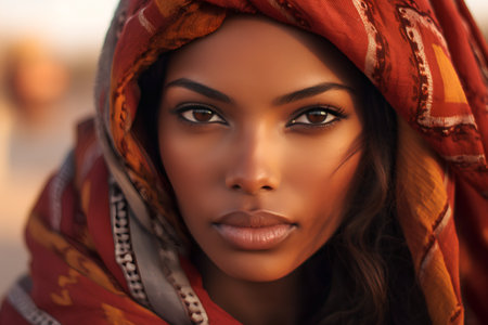 Close up portrait of a beautiful african american woman wearing a scarf.の素材