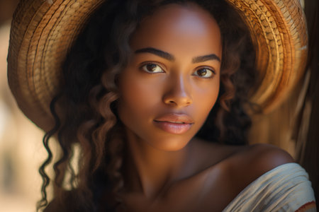 Beautiful african american woman in straw hat looking at cameraの素材