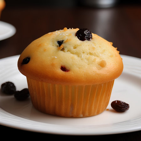 Homemade muffin with raisins on a white plate.の素材