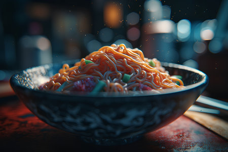 Bowl of spicy ramen noodles on a table in a restaurantの素材