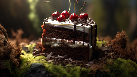 Piece of chocolate cake with cherries on a mossy backgroundの素材