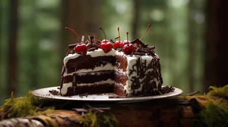 Chocolate cake with cherries on a wooden log in the forestの素材