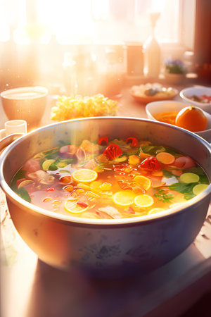 Soup with citrus and herbs in a pot on the table.の素材