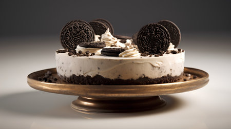 Chocolate cake with cream and cookies on a dark background. Toned.の素材