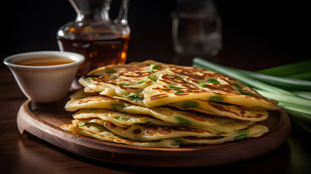 Thin pancakes with green onions and honey on a wooden plate.の素材