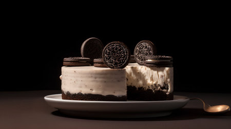 Chocolate cake with cream and chocolate cookies on a dark background.の素材