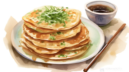 Watercolor illustration of a pile of pancakes with a cup of coffeeの素材