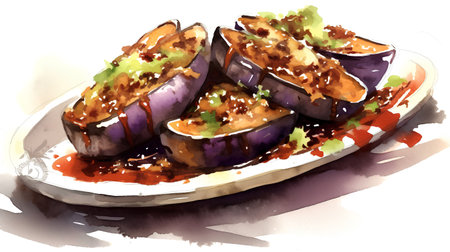 Illustration of grilled eggplant with spicy sauce on a white backgroundの素材