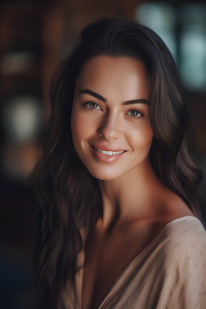Portrait of a beautiful young woman with long wavy hair.の素材