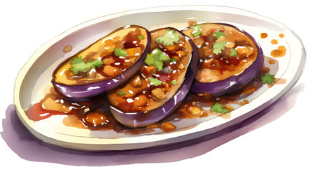 Illustration of eggplant with spicy sauce. Watercolor style.の素材