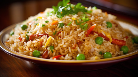 Close up of a plate of fried rice garnished with green peas and peppersの素材