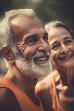 Portrait of happy senior couple looking at camera while standing in parkの素材