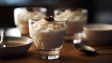 Creamy tiramisu in a glass on a wooden tableの素材