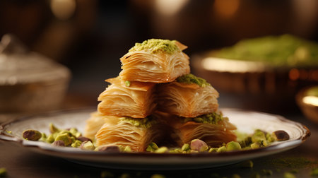 Turkish dessert baklava with pistachios on dark backgroundの素材
