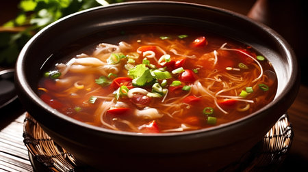 Soup with noodles and vegetables in bowl on wooden table, closeupの素材