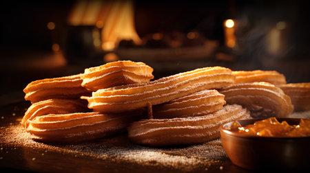 Delicious churros with orange jam on a wooden background.の素材
