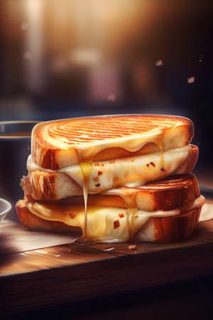 Tasty breakfast. French toast with butter, cheese and honey.の素材