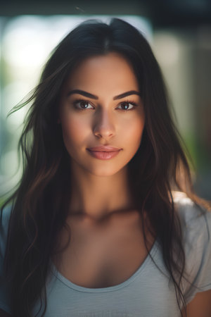Portrait of a beautiful young woman with long hair and makeup.の素材