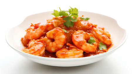 Shrimps in tomato sauce with coriander on white backgroundの素材