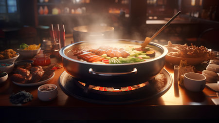 Hot pot with chinese food on wooden table, close-upの素材