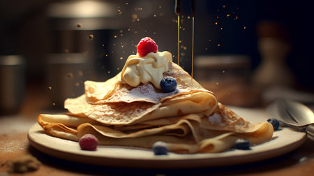 Pancakes with cream and berries in the form of a Christmas treeの素材