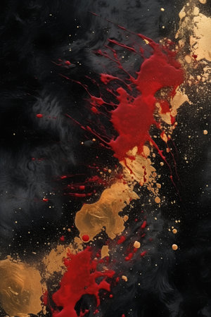 Abstract background with splashes of red and yellow paint on black backgroundの素材