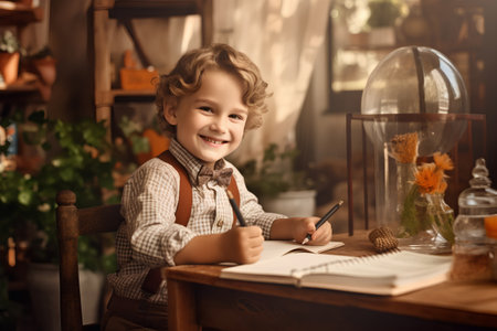 Cute little boy is writing in a notebook and smiling while sitting at the table at homeの素材
