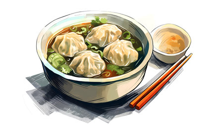 Illustration of dumplings in a bowl with chopsticks.の素材