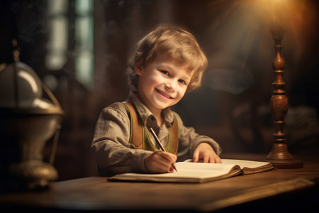 Cute little boy sitting at the table and writing in a bookの素材
