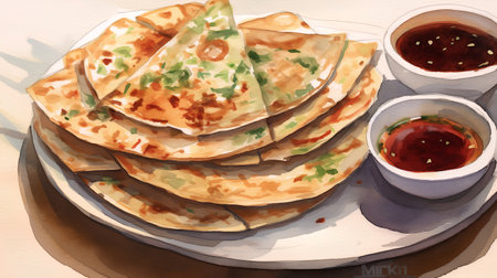 Pancakes with sour cream. Hand drawn watercolor illustration.の素材