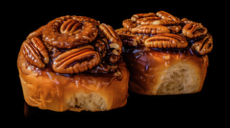 Pecan buns with caramel glaze isolated on black backgroundの素材
