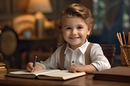 Portrait of a cute little boy doing his homework. Education concept.の素材