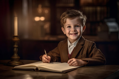 Cute little boy studying at the table in a dark room.の素材