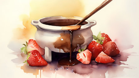 Chocolate fondue with strawberries. Watercolor hand drawn illustration.の素材