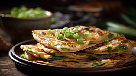 Savory pancakes with green onion and garlic on a dark background.の素材