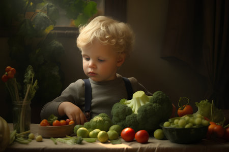 Little boy in the kitchen with fresh vegetables. Healthy food concept.の素材