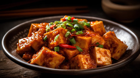 Tofu in sweet and sour sauce with green onions, selective focusの素材