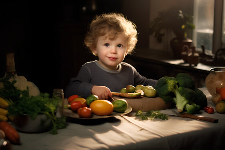 Little boy in the kitchen with fresh vegetables. Healthy food concept.の素材